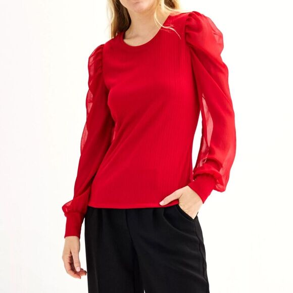 Nine West Tops - Women's Nine west long sleeves red blouse neck top scoop puff crewneck Size S